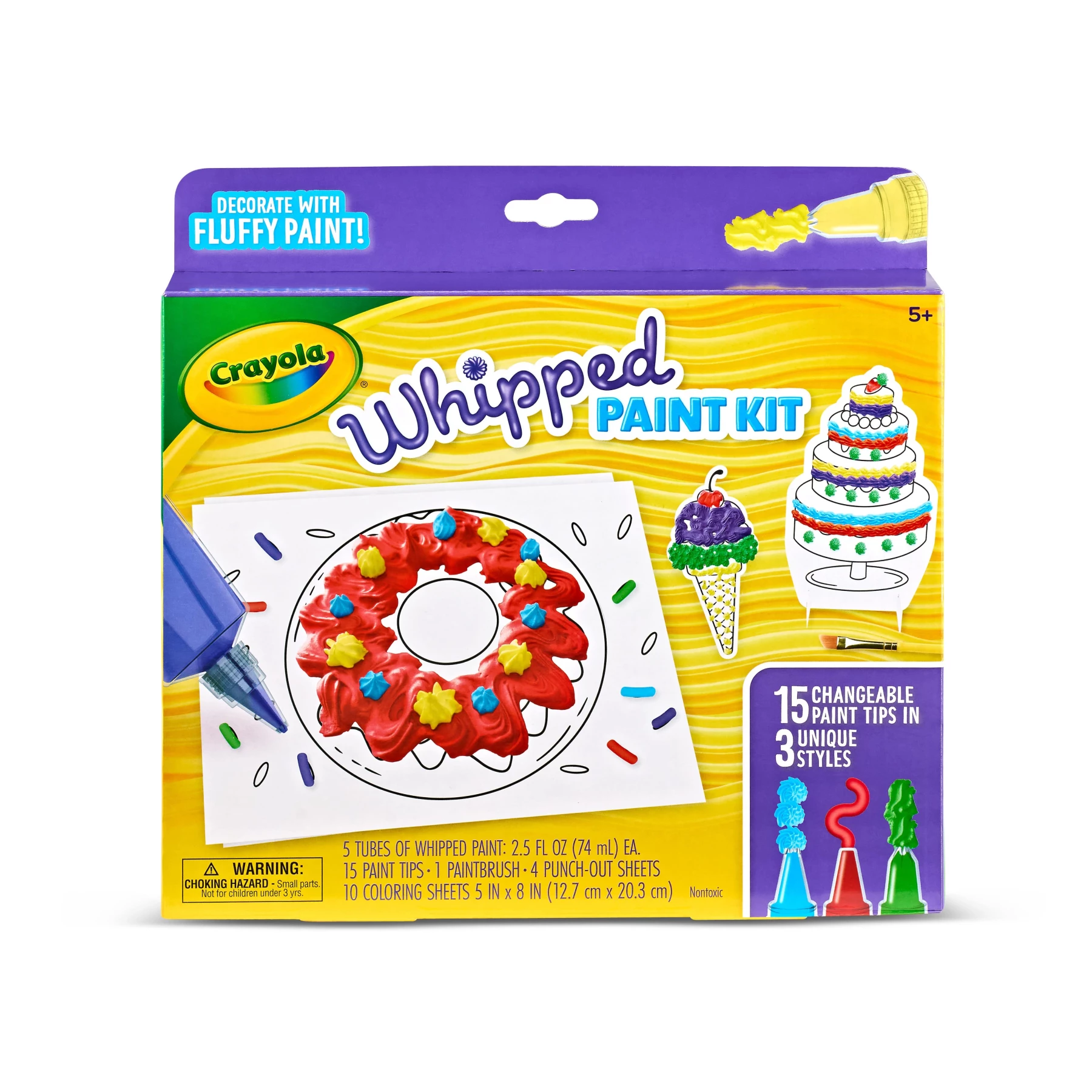 Crayola Whipped Paint Set - 3D Painting Experience with 5 Paint Tubes, 15 Tips, Punchouts & Coloring Pages for Kids