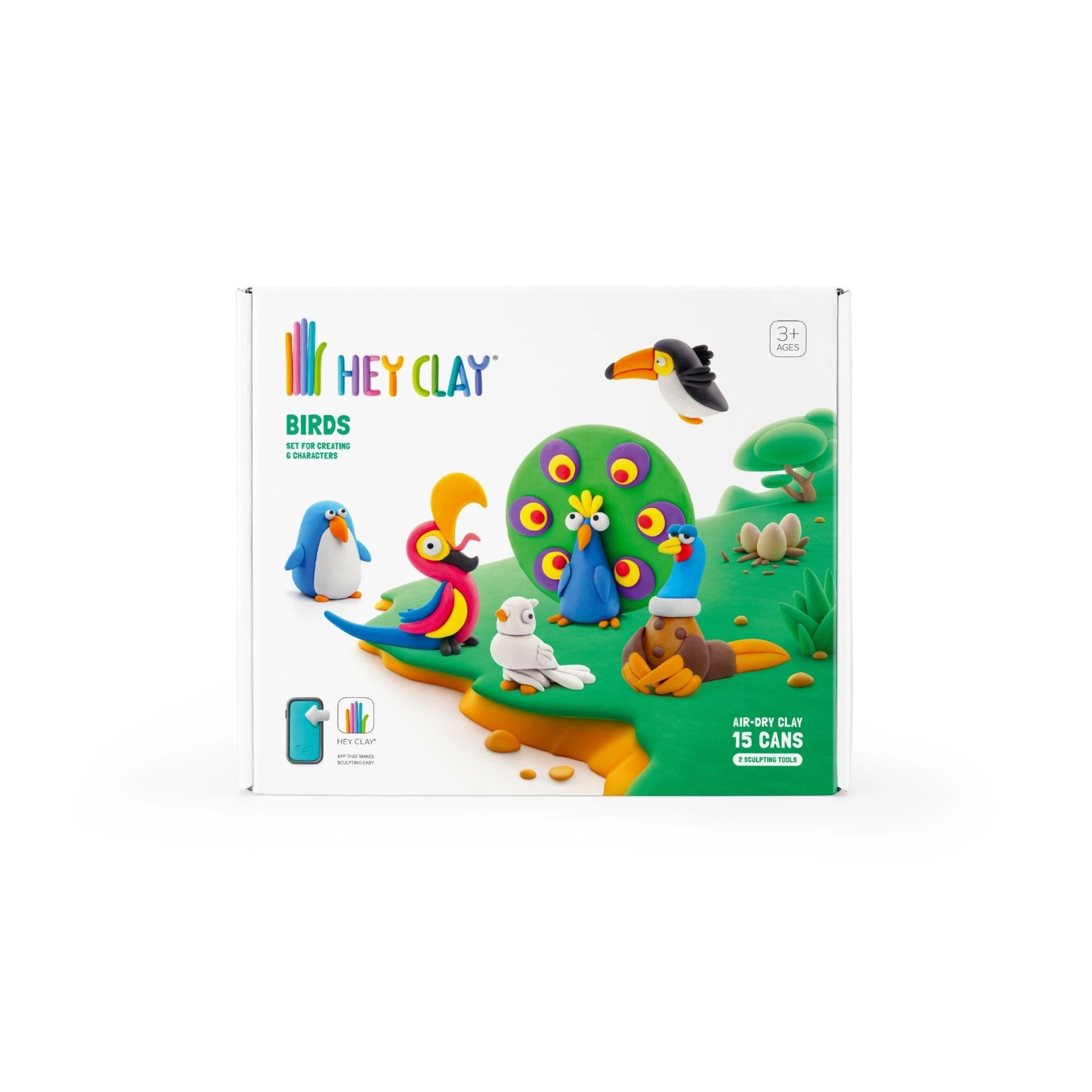 Heyclay - Birds 15 Cans | Colourful Air Dry Clay Kit for Kids with Sculpting Tools & Interactive App