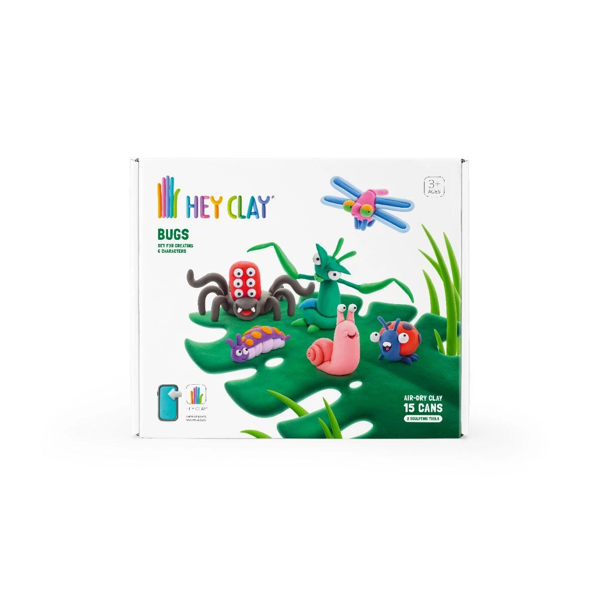 HEY CLAY - Bugs 15 Cans | Colourful Air Dry Clay Kit for Kids with Sculpting Tools & Interactive App