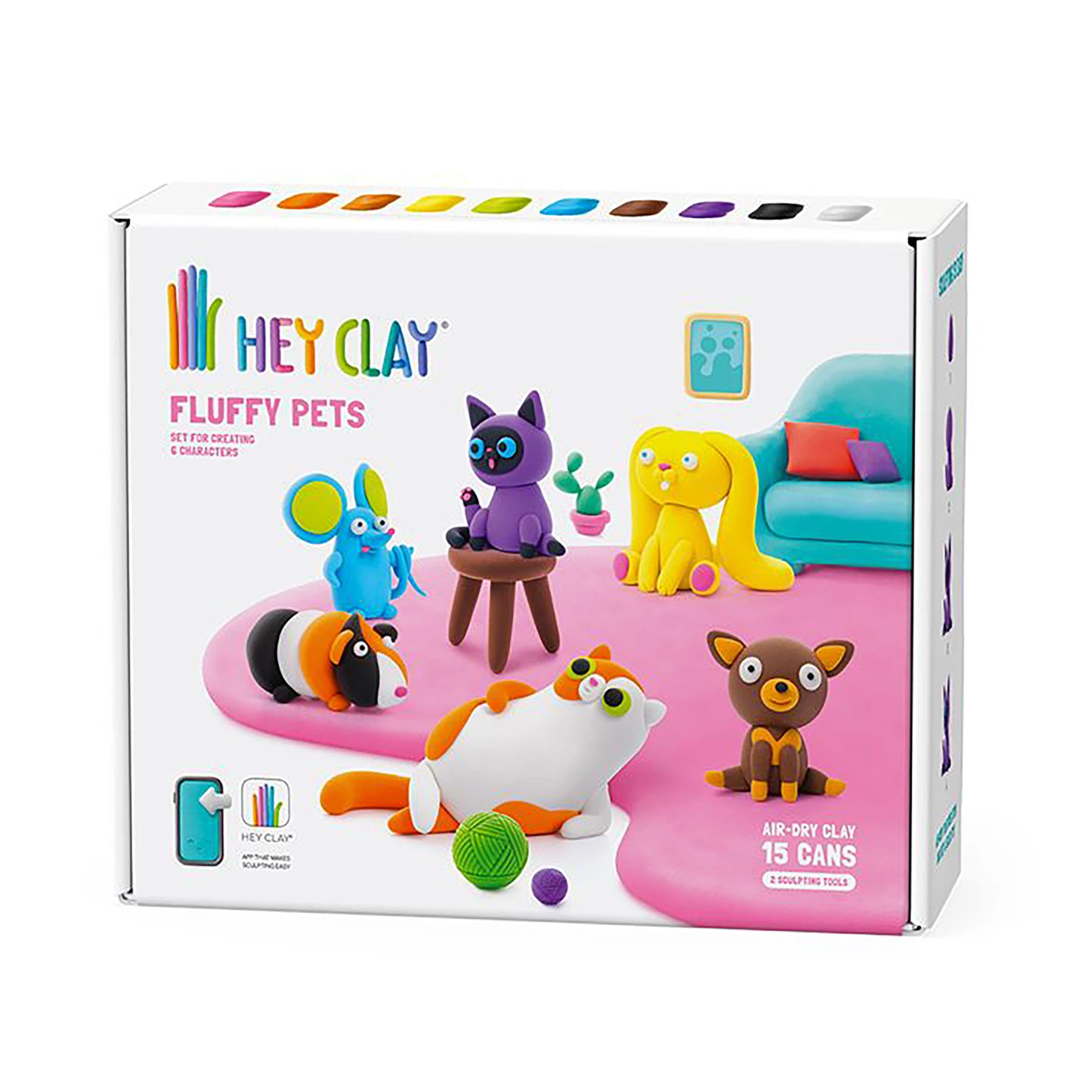 Hey Clay Fluffy Pets, 15 cans | Colourful Air-Dry Clay Kit for Kids 3+ with Interactive App