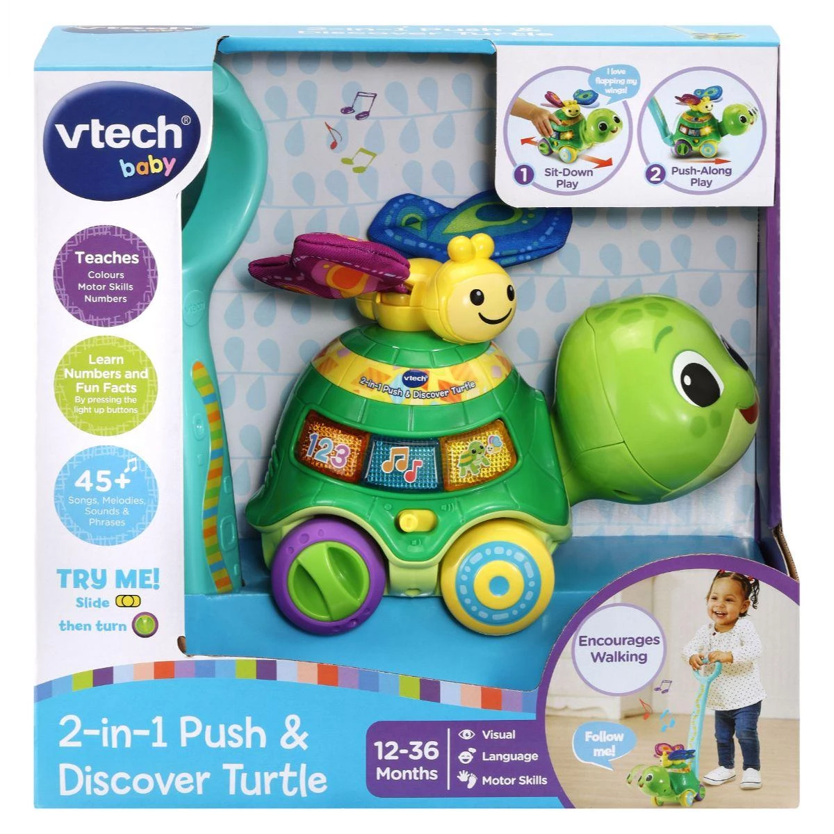 VTech 2-in-1 Push & Discover Turtle - Interactive Baby Toy with Lights & Sounds