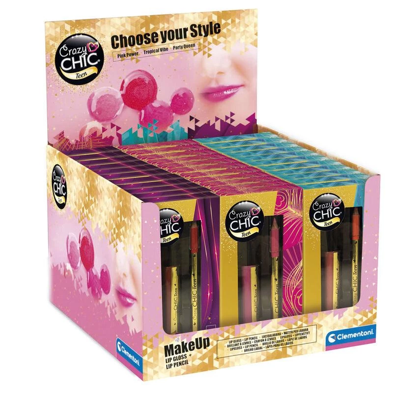 Clementoni Crazy Chic Gloss + Liner PDQ 36WOC - Trendy & Safe Makeup for Kids