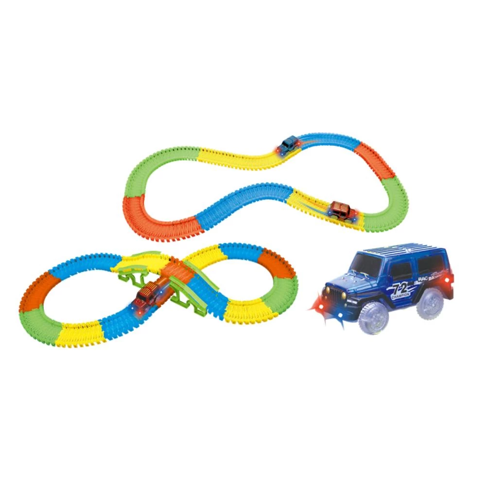Power Joy Magic Track 220 Pieces 11Ft - Battery Operated, Glow-in-the-Dark Racing Track