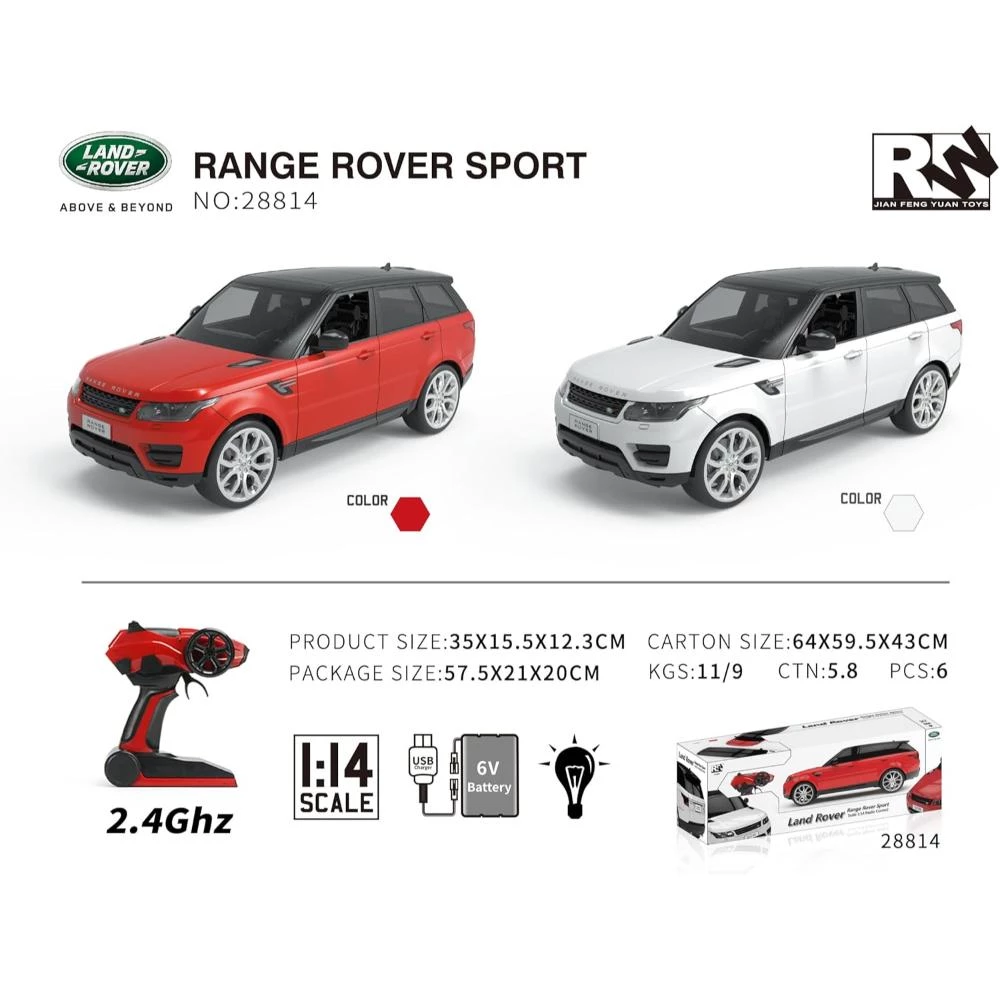 1:14 Scale Range Rover Sport - Remote Control Car in Red & White with Rechargeable Battery
