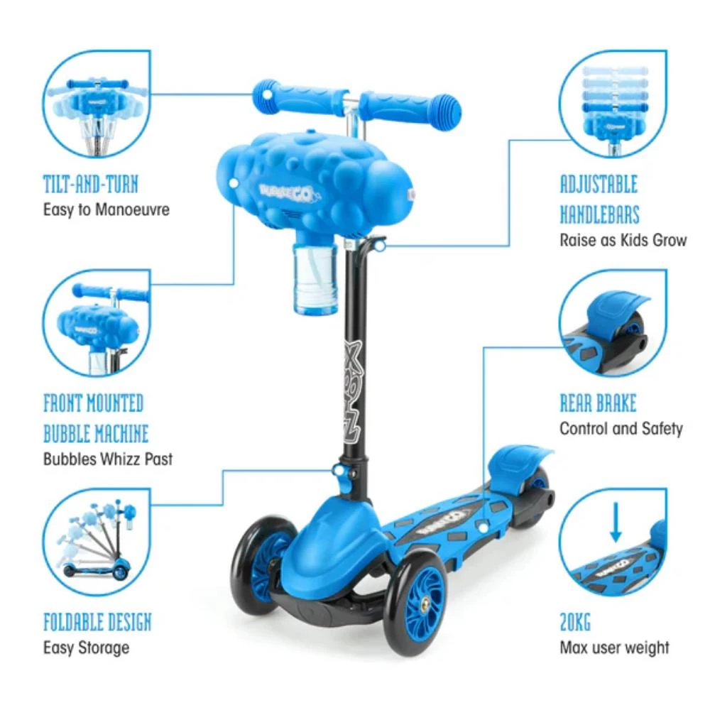 Xootz Bubble Go Scooter - Blue Kids Scooter with Bubble Machine and Adjustable T-Bar