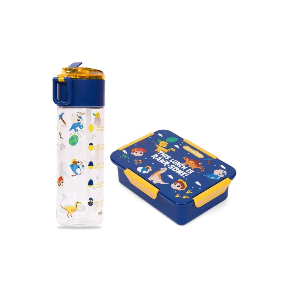 Eazy Kids Lunch Box Set & Tritan Water Bottle with Snack Box - T-Rex Blue 450ml + 850ml Leakproof School Combo by SAMBOX