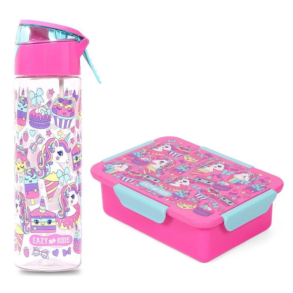 Eazy Kids Lunch Box & Tritan Water Bottle with Spray - Unicorn Desert Pink 750ml + 850ml Leakproof School Combo by SAMBOX