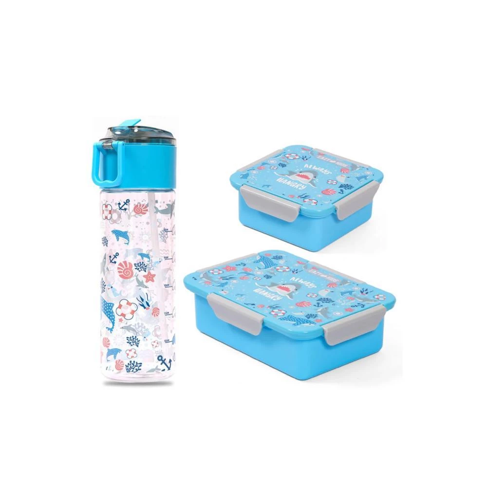 Eazy Kids Lunch Box Set & Tritan Water Bottle with Snack Box - Shark Blue 450ml + 850ml + 650ml Leakproof School Lunch Kit by SAMBOX