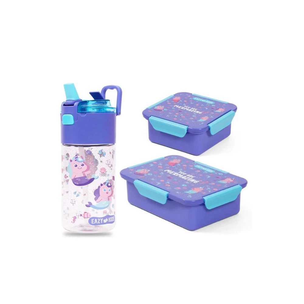 Eazy Kids Lunch Box Set & Tritan Water Bottle with Snack Box - Mermaid Purple 450ml + 850ml + 650ml Leakproof Kids School Meal Combo by SAMBOX