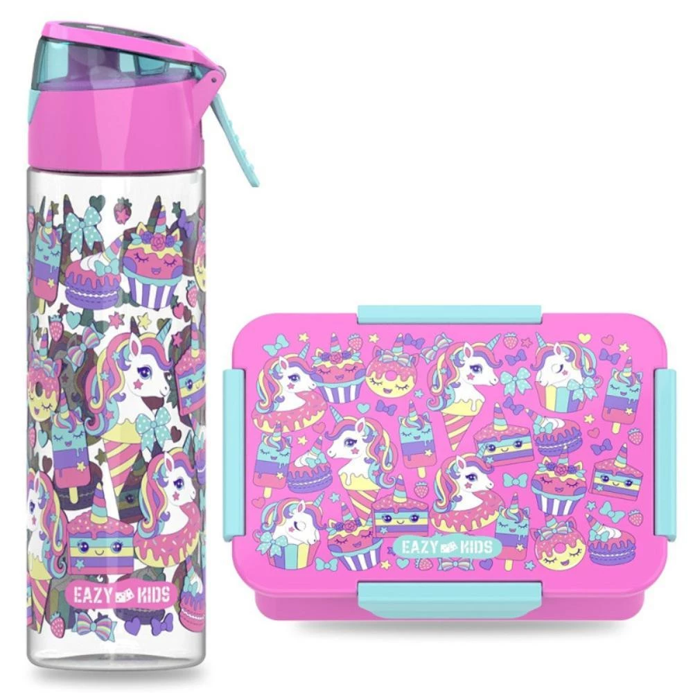 Eazy Kids Lunch Box Set & Tritan Water Bottle with Spray - Unicorn Desert Pink 750ml + 850ml + 650ml Leakproof Kids Meal Kit by SAMBOX