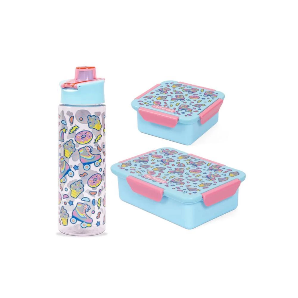 Eazy Kids Lunch Box Set & Tritan Water Bottle with Flip Lid - Gen Z Skater Blue 750ml + 850ml + 650ml Leakproof Kids Meal Kit by SAMBOX