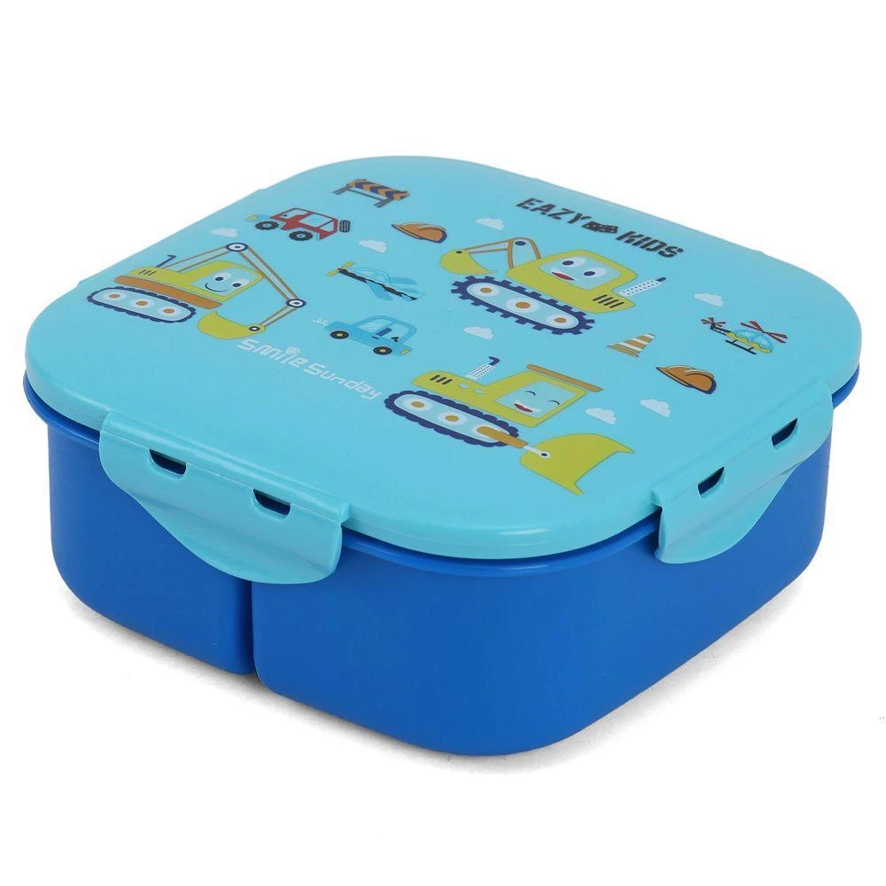 Eazy Kids Square Bento Lunch Box - Construction Blue | Leakproof 1100ml 2-Compartment Kids Tiffin | BPA Free by SAMBOX