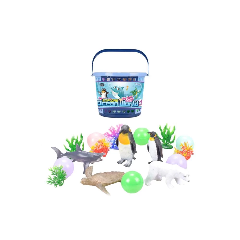 Little Story 17Pcs Ocean World Bucket Set With 5 Marine Animals, 5 Ocean Ball Accessories & 1 Basket - Multicolor