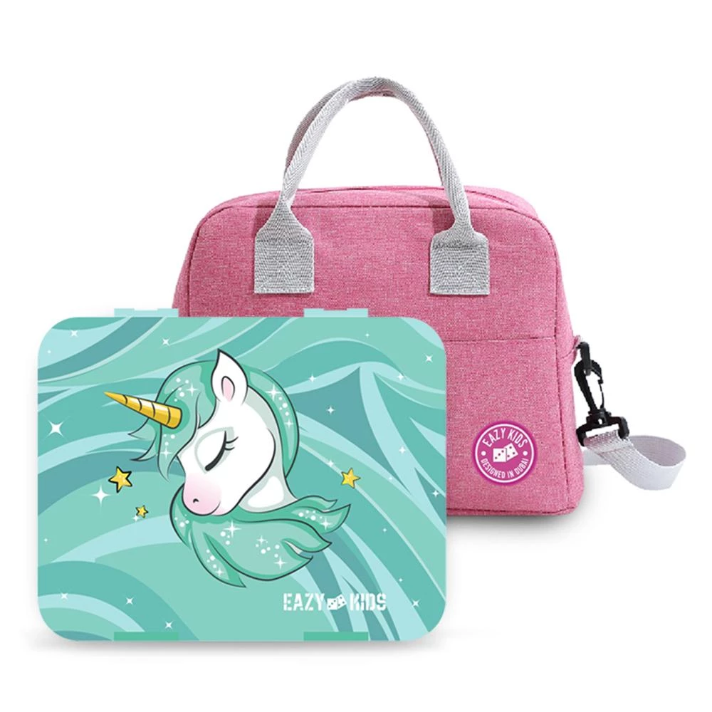 Eazy Kids Bento Box with Insulated Lunch Bag & Cutter Set Combo - Unicorn Green