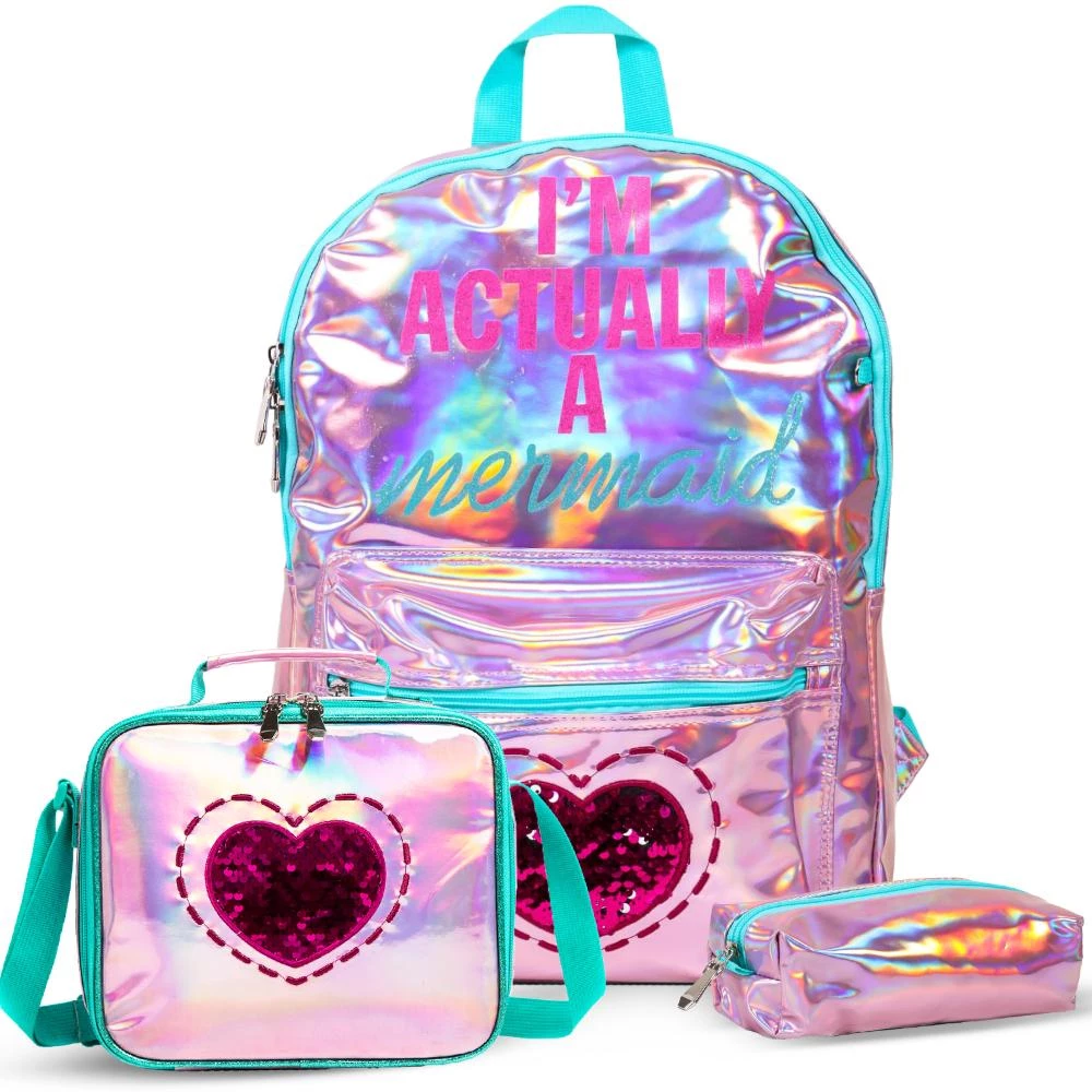 Eazy Kids - 17" School Bag, Lunch Bag & Pencil Case Set of 3 - Mermaid Love - Pink