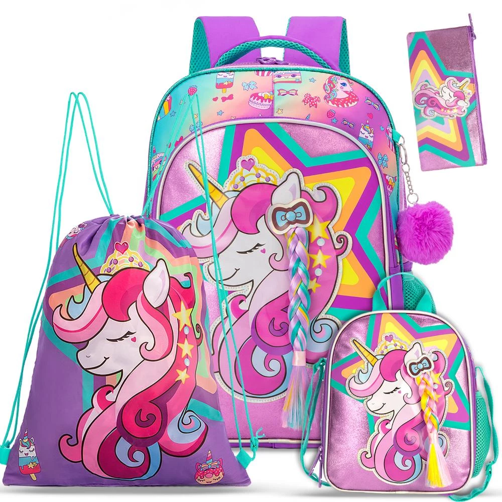 Eazy Kids - 18" School Bag, Lunch Bag, Activity Bag & Pencil Case Set of 4 - Unicorn - Pink