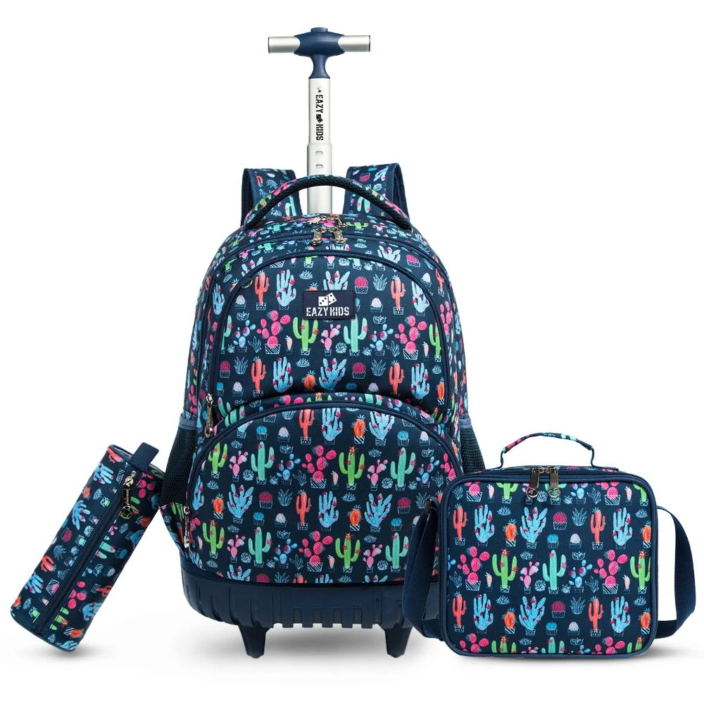 Eazy Kids - 18" Set of 3 Trolley School Bag, Lunch Bag & Pencil Case - Cacti - Blue