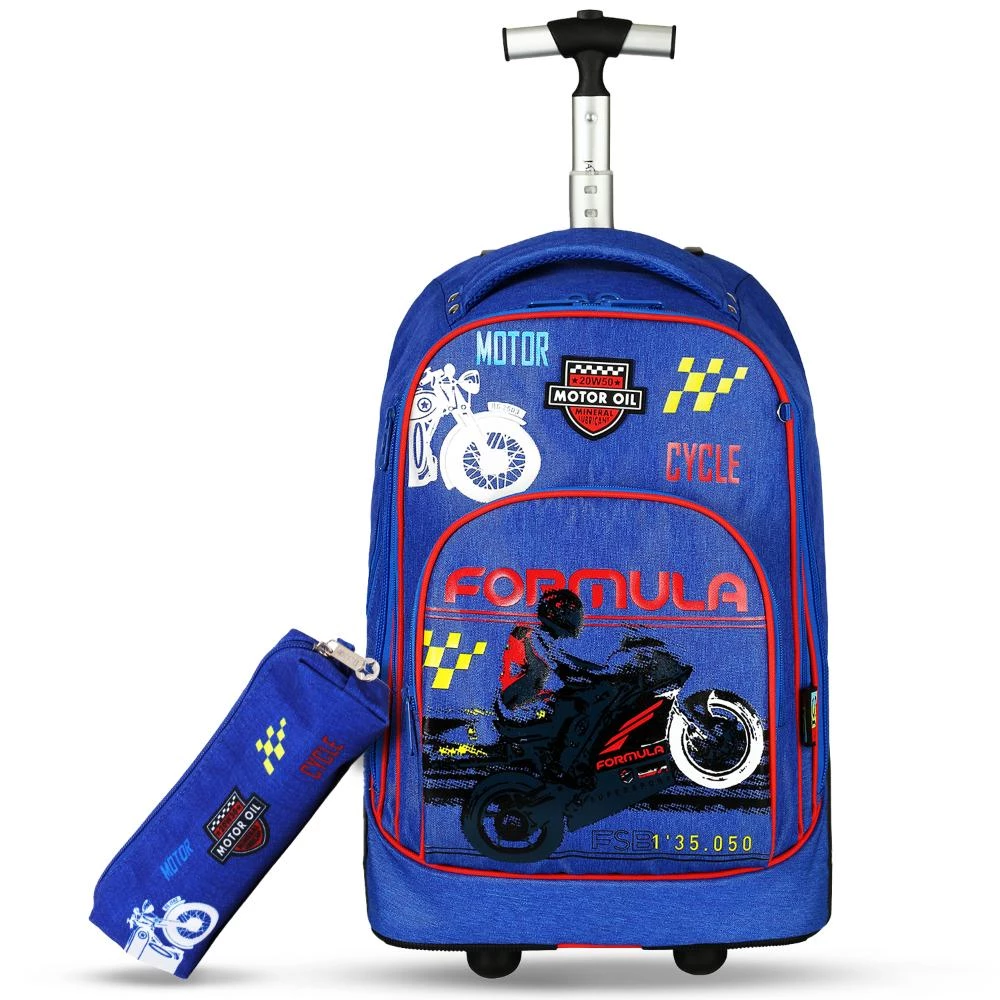 Eazy Kids - 18" Set of 2 Trolley School Bag with Big Wheels & Pencil Case - Formula Racing - Blue