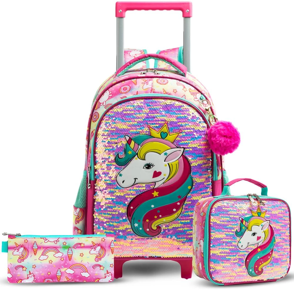 Eazy Kids - 16" Set of 3 Trolley School Bag, Lunch Bag & Pencil Case - Unicorn - Pink