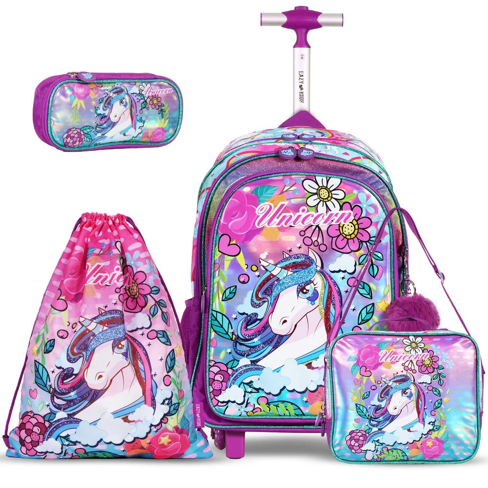 Eazy Kids - 18" Set of 4 School Bag, Lunch Bag, Activity Bag & Pencil Case - Unicorn - Pink