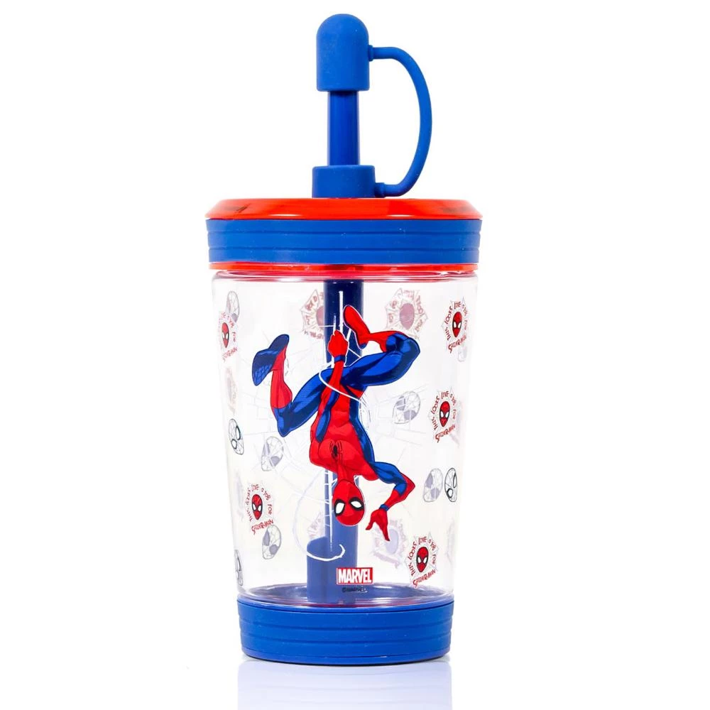 Eazy Kids Marvel Spider-Man Sipper Tumbler Water Bottle - 480ml Leakproof Tritan Cup with Straw & Leash Lid - Blue