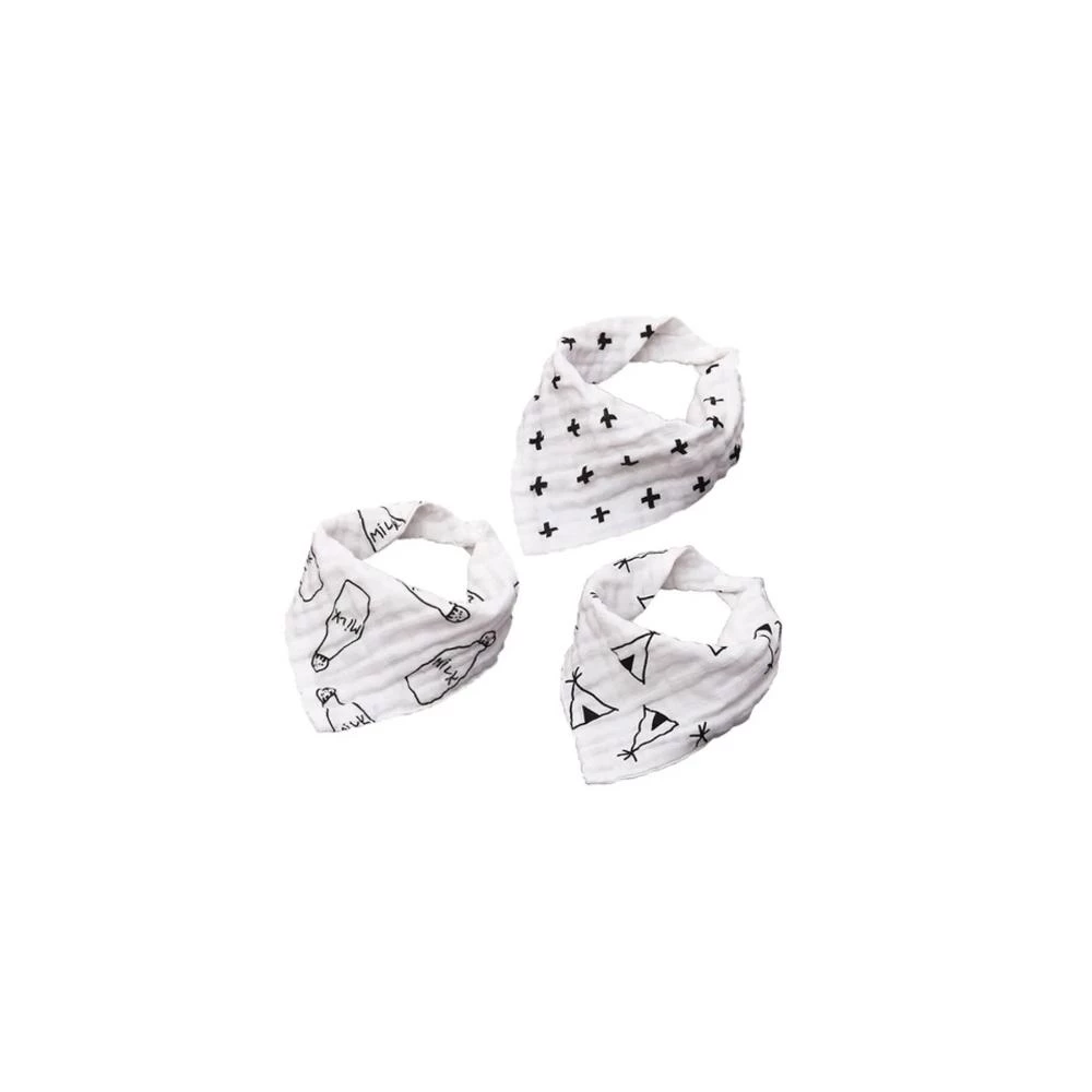 Muslin Bandana Bibs - Set of 3 Black & White Organic Cotton Baby Bibs for Boys & Girls