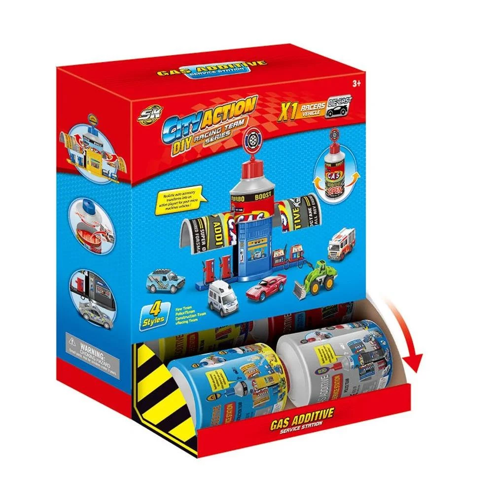 Gas Additive Service Station Parking Lot Playset - 8PC Die-Cast Car Set with Accessories (Color May Vary)