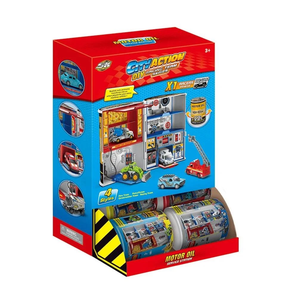 Motor Oil Service Station - 8-Piece Die-Cast Racers Vehicle Playset (Fire, Engineering, Police & Racing) - 1PC Random Design - Ages 3+