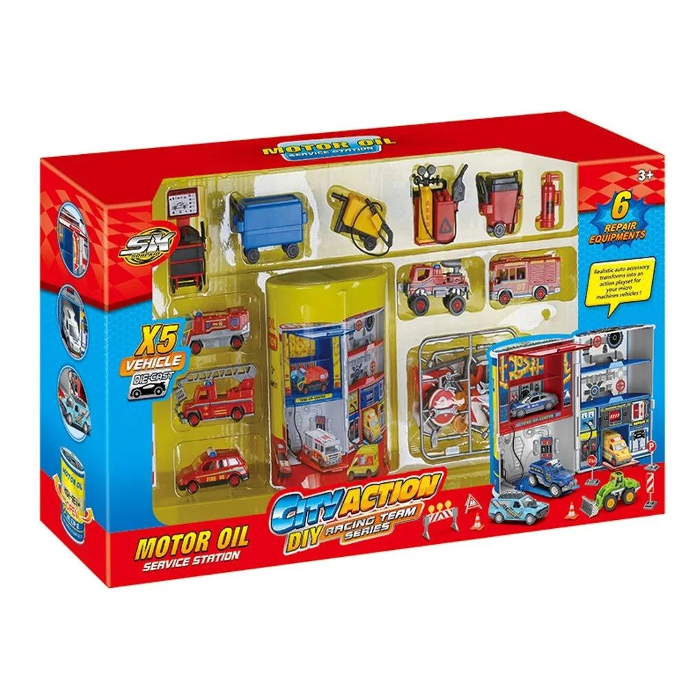 Mini Racers Garage Playset with 5 Die-Cast Cars, Tools & DIY Signs - Moto Oil Service Station - Ages 3+