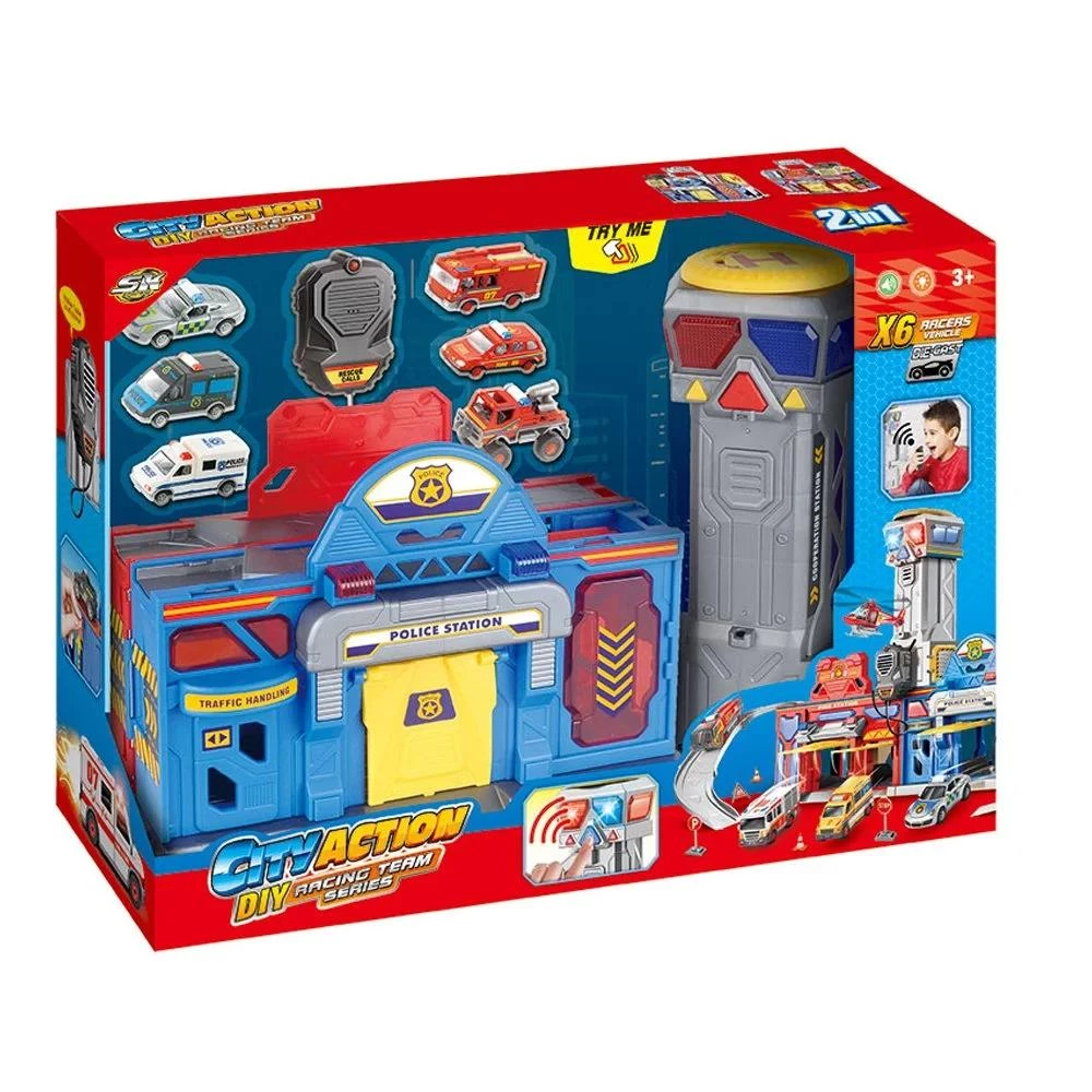 2-in-1 Fire & Police Station Playset with 6 Die-Cast Racer Vehicles - Light & Sound - Portable Take-Along Parking Lot - Ages 3+