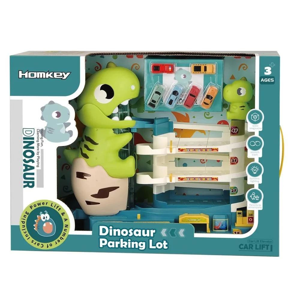 Dinosaur World Parking Lot Playset - Interactive Track Set with Elevator, Lights & 6 Mini Cars - Ages 3+