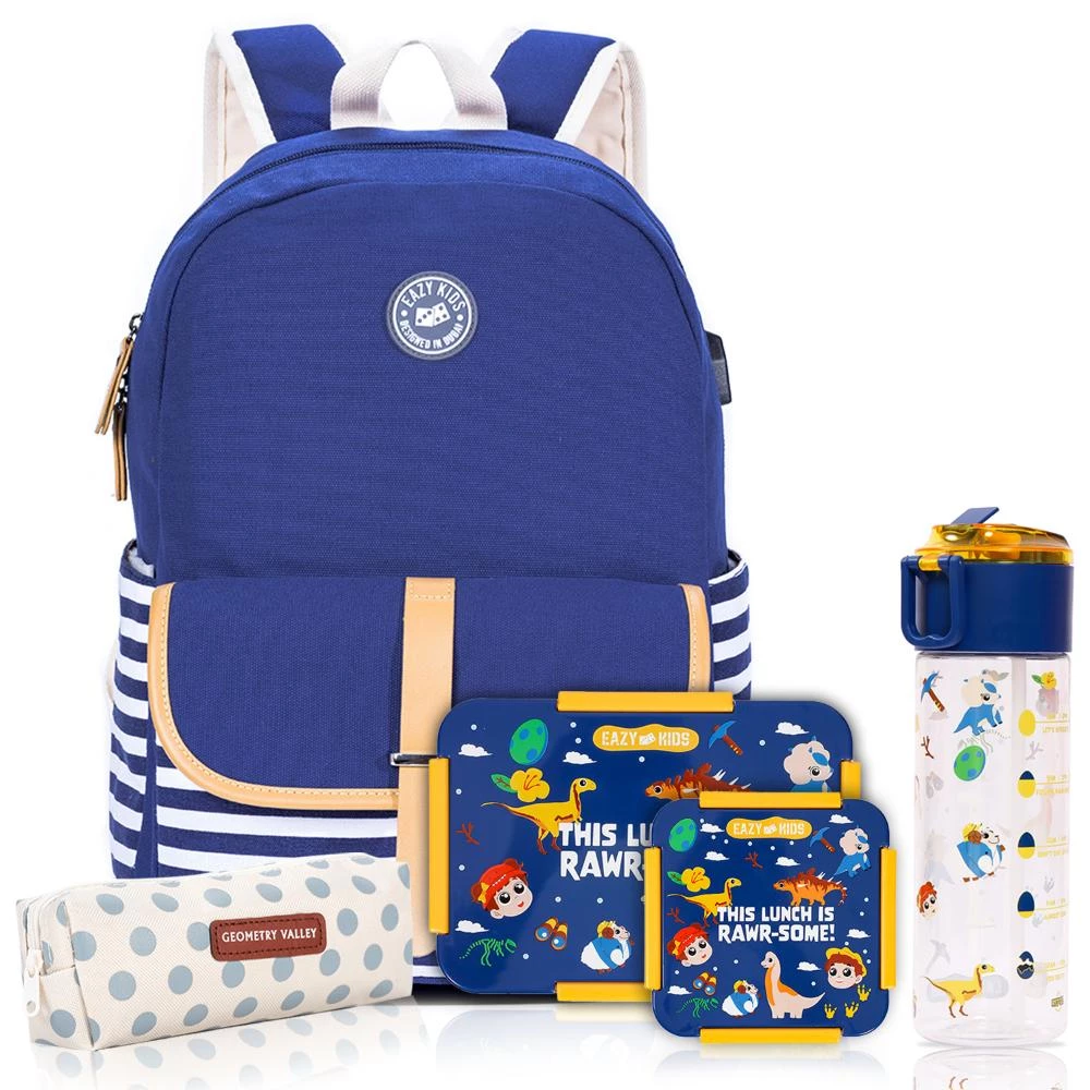 Eazy Kids 5-in-1 Dinosaur School Bag Combo - XL Backpack, Lunch Box Set & Water Bottle - Blue