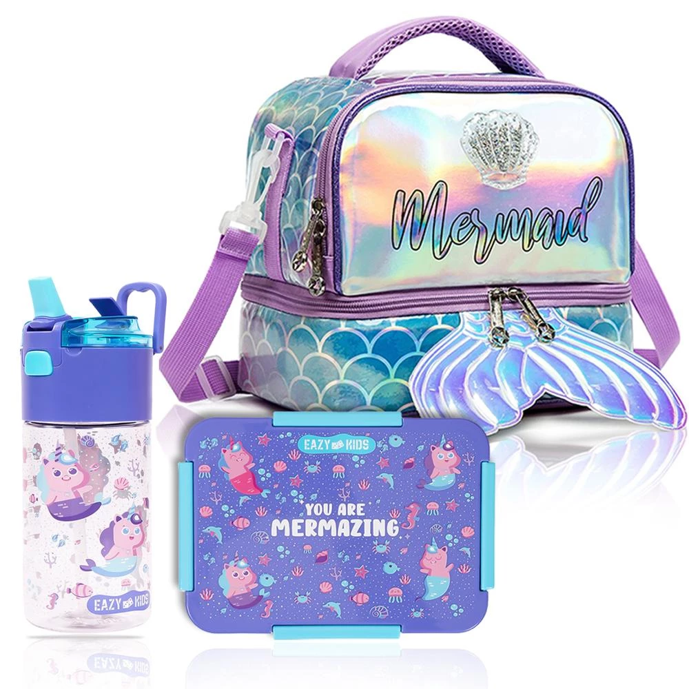 Eazy Kids 3-in-1 Mermaid Lunch Bag Combo - Insulated Bag, Leakproof Lunch Box & Water Bottle - Purple