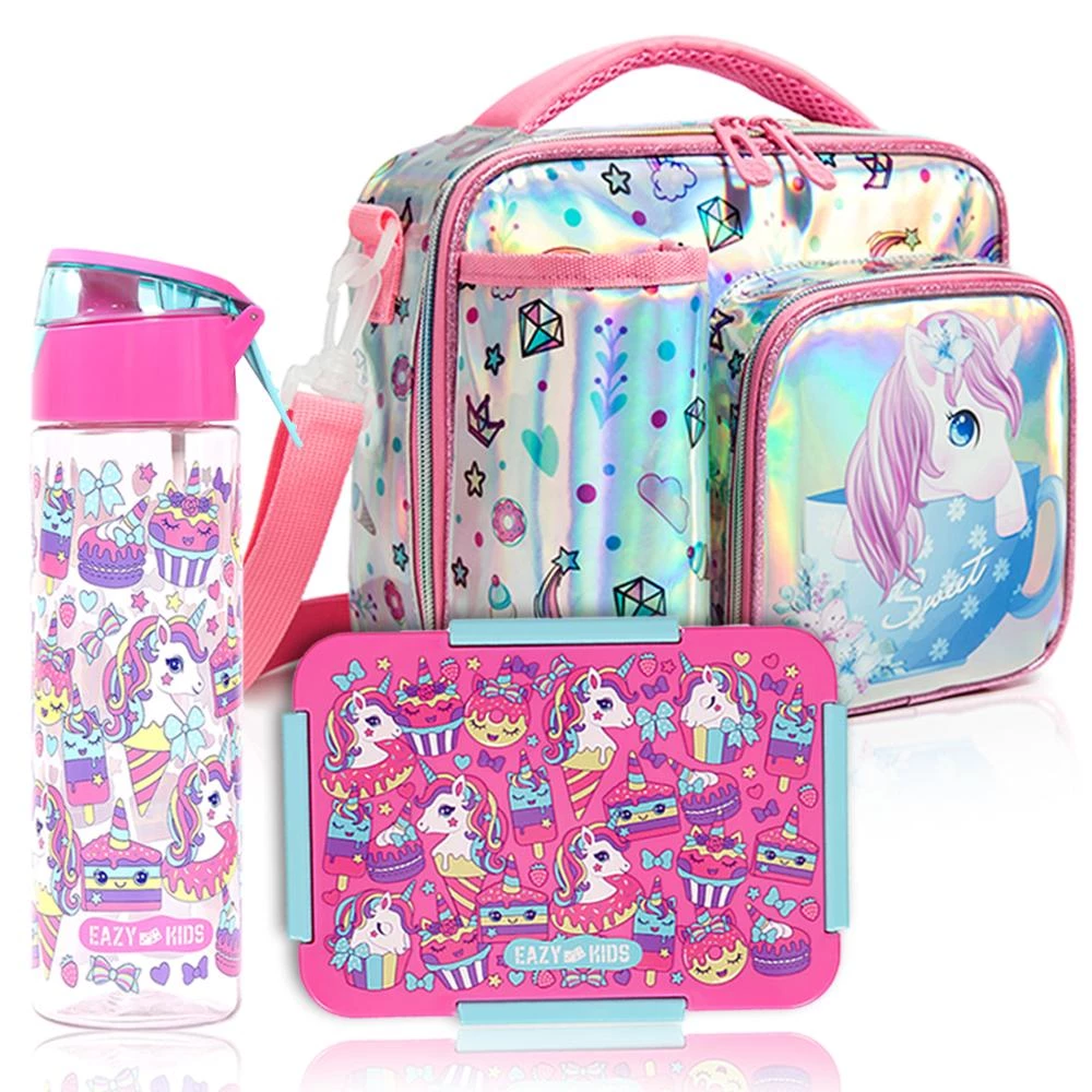 Eazy Kids 3-in-1 Unicorn Lunch Bag Combo - Insulated Bag, Leakproof Lunch Box & Water Bottle - Pink