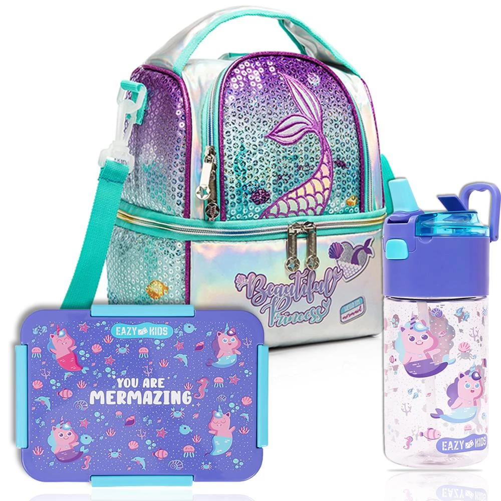 Eazy Kids 3-in-1 Mermaid Lunch & Activity Bag Combo - Backpack, Insulated Bag, Lunch Box & Bottle - Purple Green