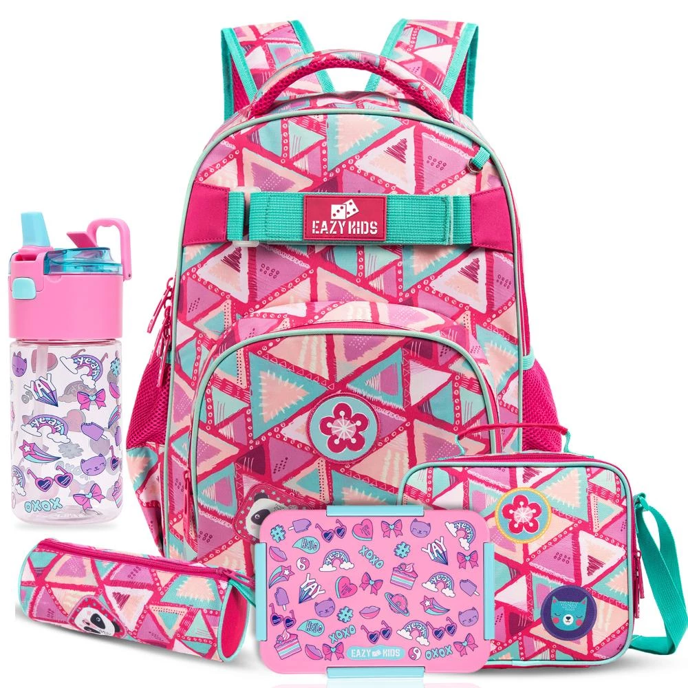 Eazy Kids 5-in-1 Gen Z Back to School Combo - School Bag, Lunch Bag, Pencil Case, Lunch Box & Water Bottle - Pink