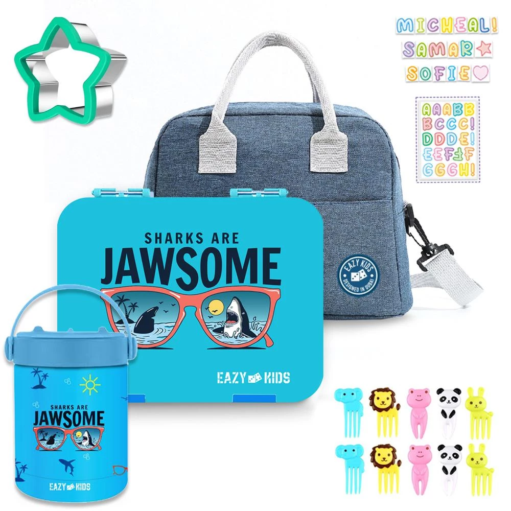 Eazy Kids 6/4 Compartment Bento Lunch Box Set with Lunch Bag & Steel Food Jar – Jawsome Blue