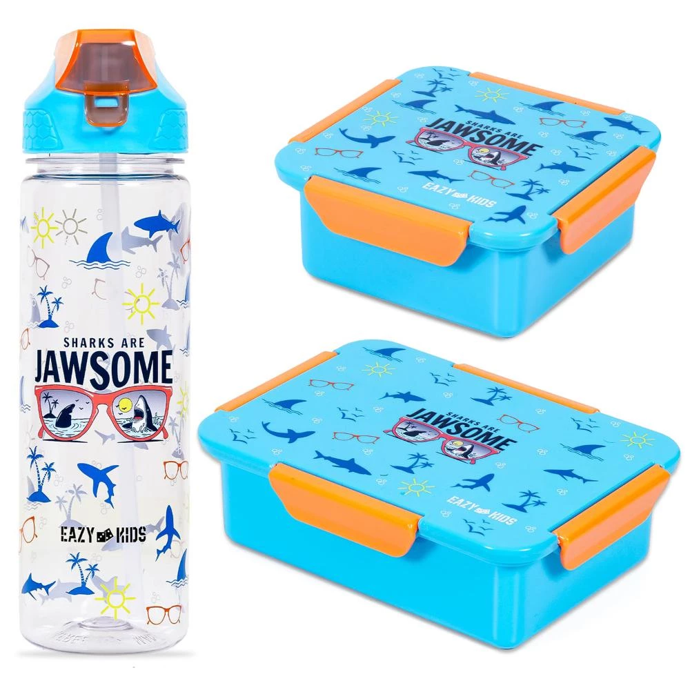 Eazy Kids Lunch Box Set & Tritan Water Bottle – Jawsome Blue | 2in1 Flip Lid & Leakproof Sipper