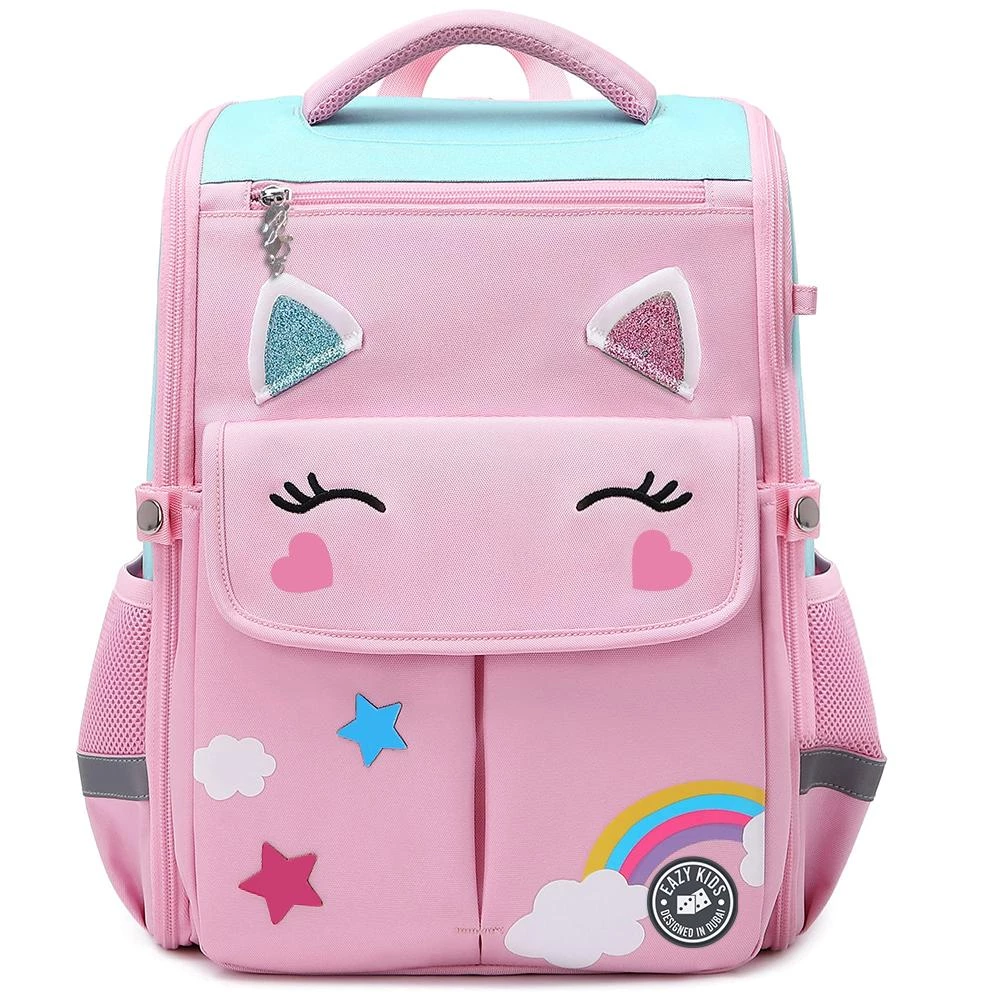 Eazy Kids Unicorn 3D School Bag with Stair-Climbing Trolley – Pink