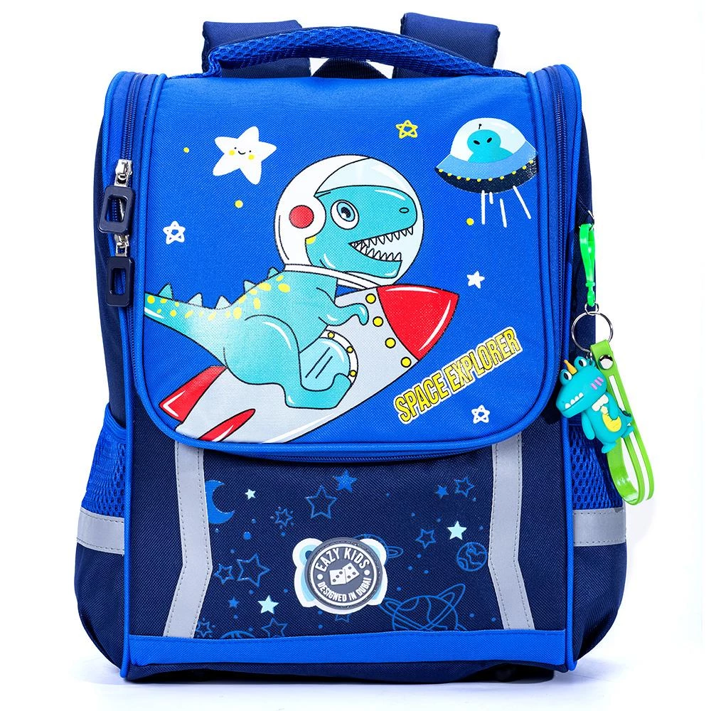 Eazy Kids Dino in Space 3D School Bag with Stair-Climbing Trolley – Blue