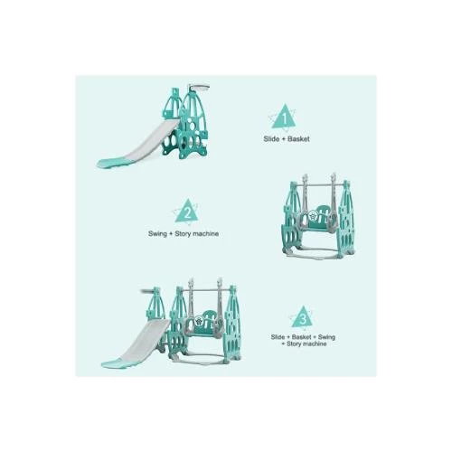 Little Story 3-in-1 Swing with Slide and Basketball Ring -Green Indoor & Outdoor Playset for Kids
