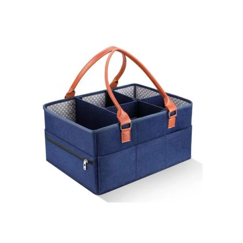 Little Story Premium Diaper Caddy -Blue Non-Collapsible Felt Organizer with Vegan Leather Handles by SAMBOX