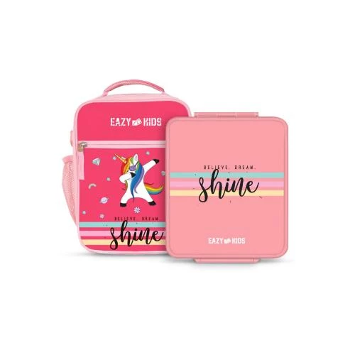 Eazy Kids Bento Lunch Box with Insulated Steel Jar & Bag Combo -Shine Unicorn Pink -Leakproof & Thermal