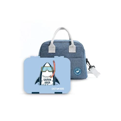 Eazy Kids Bento Lunch Box with Insulated Lunch Bag Combo -Super Shark Blue