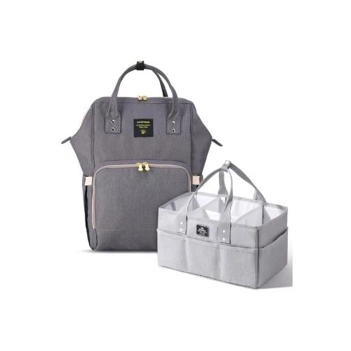 Sunveno Diaper Bag with USB Port + Foldable Diaper Caddy Organizer -Grey