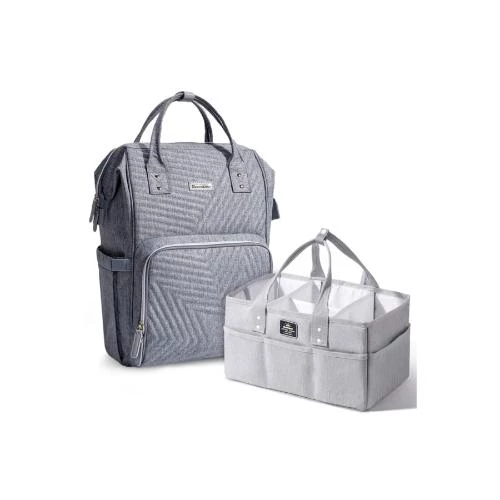 Sunveno Diaper Bag with USB Port + Foldable Diaper Caddy Organizer -Nova Grey