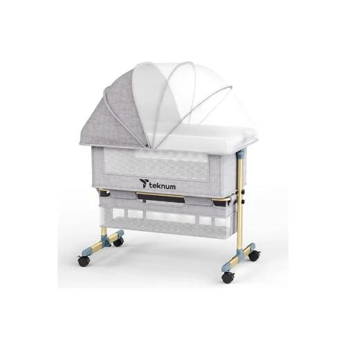 Teknum Sunshine Bedside Crib -Light Grey with Rocker, Anti-Reflux Mode & Mosquito Net by SAMBOX