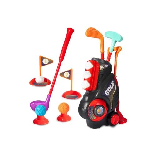 Little Story Kids Golf Kit with Mobility Cart -3 Golf Clubs, 6 Balls, Flags & Practice Holes