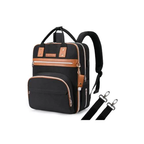 Little Story 2-in-1 Diaper Backpack with 18 Pockets, Sanitizer Bottle Keychain & Stroller Hooks -Black