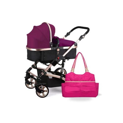 Teknum 3 in 1 Pram Stroller with Sunveno Fashion Diaper Tote Bag -Wine Organic Linen Baby Travel Combo